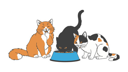 Feline Feast: Three domestic cats gather around a bowl, enthusiastically enjoying their meal. Witnessing their communal dining, the vibrant scene highlights the shared moment of the domestic feline.