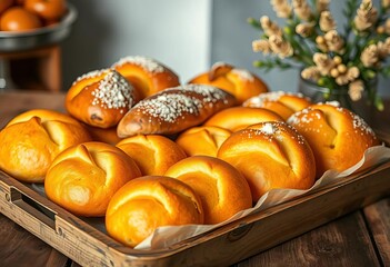 Golden-brown pastries & breads arranged on rustic bakery tray,  artisan,  freshly baked