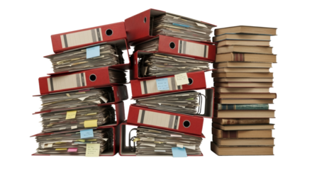 Chaotic Pile of Old Binders and Books Overwhelming Archives and Bureaucracy. clipping path. Business concept.