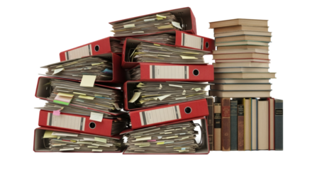 Chaotic Pile of Old Binders and Books Overwhelming Archives and Bureaucracy. clipping path. Business concept.