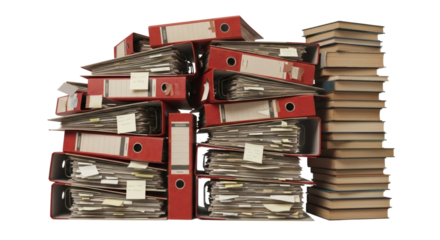 Chaotic Pile of Old Binders and Books Overwhelming Archives and Bureaucracy. clipping path. Business concept.