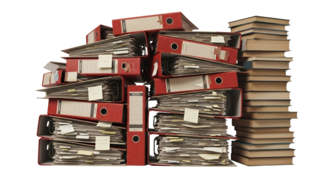 Chaotic Pile of Old Binders and Books Overwhelming Archives and Bureaucracy. clipping path. Business concept.