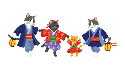 Harmony in Culture:  An illustration of a charming family of cats in traditional Japanese clothing, celebrating a cultural tradition with joy and grace.