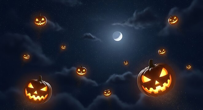 Spooky halloween pumpkins floating in a dark night sky with a crescent moon above