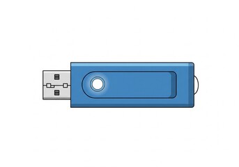 A stylized illustration of a blue USB flash drive with a metal connector and a keyring hole. Isolated white background.