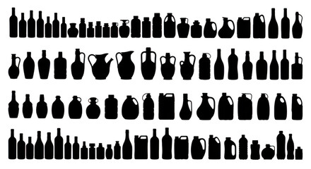 A diverse collection of black silhouette bottles and containers of various shapes and sizes arranged in rows isolated on transparent background