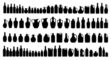 A diverse collection of black silhouette bottles and containers of various shapes and sizes arranged in rows isolated on transparent background