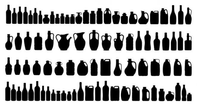 A diverse collection of black silhouette bottles and containers of various shapes and sizes arranged in rows isolated on transparent background