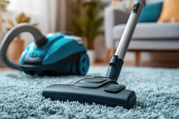 Vacuum cleaner on a teal carpet in a living room