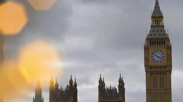 Iconic Big Ben in overcast cloudy sky close up view of London landmark
