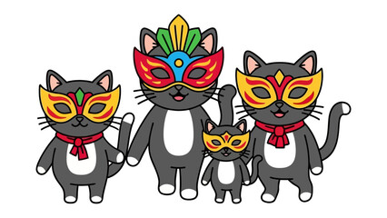 Whimsical Cat Family in Carnival Masks: A charming family of cartoon cats, donned in vibrant carnival masks and festive attire, exuding playful charm and merriment for a joyous celebration.