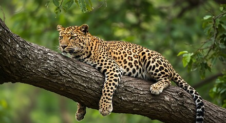 Majestic Leopard Lounging on a Thick Tree Branch Amidst Lush Green Foliage