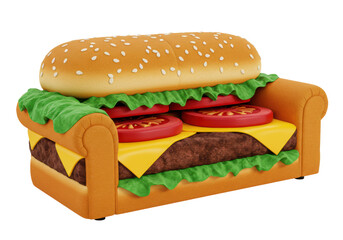 Isolated food-themed sofa, burger-like fun seat, comfortable furniture design, funny chair