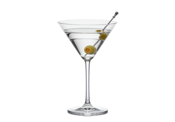Isolated clear martini cocktail with gin and olives in elegant glass ready to be served