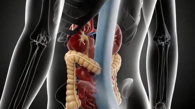 Anatomical illustration showing human kidneys intestines and rib cage on a dark background