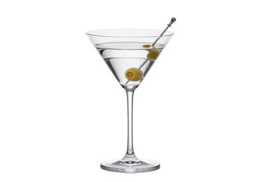 Isolated clear martini cocktail with gin and olives in elegant glass ready to be served