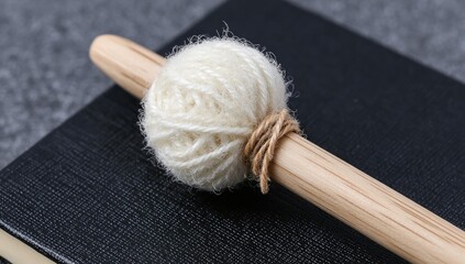 Wooden spindle with ball of white yarn on black notebook