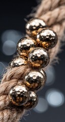 Close-up of gold beads strung on a beige rope