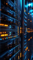 Modern data center with illuminated server racks showcasing advanced technology infrastructure