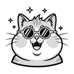 Cool Cat with Glasses: A charming, grayscale cartoon illustration of a cheerful cat wearing stylish sunglasses, radiating fun and playful energy, perfect for various creative projects.