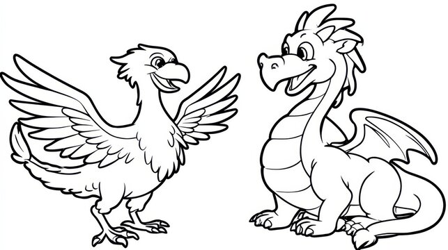 Magical Encounter: A whimsical illustration of a friendly dragon and mythical creature interacting, against a plain backdrop. evoking a sense of wonder and enchantment.