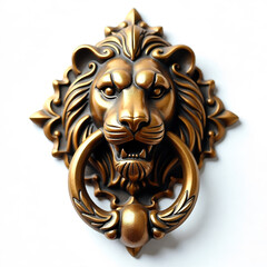 Ornate lion head door knocker in antique brass with detailed mane and decorative ring. AI generated.
