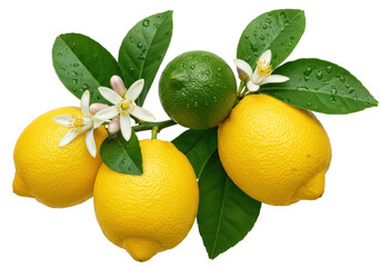 Isolated fruit arrangement with yellow lemons, green lime, flower blossoms and leaves © James