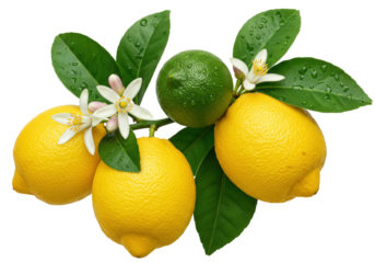 Isolated fruit arrangement with yellow lemons, green lime, flower blossoms and leaves