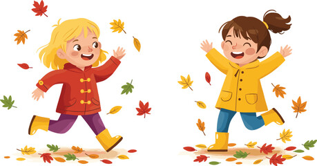 Happy children playing, autumn leaves, kids running, fall season fun, colorful foliage, childhood joy, outdoor activity, vector illustration design
