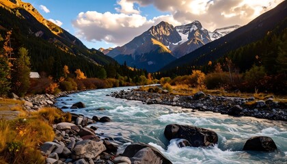Mountain river valley in autumn