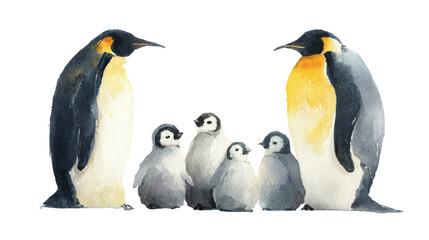 Fototapeta premium Charming watercolor illustration of a penguin family, showcasing the beauty of antarctic wildlife