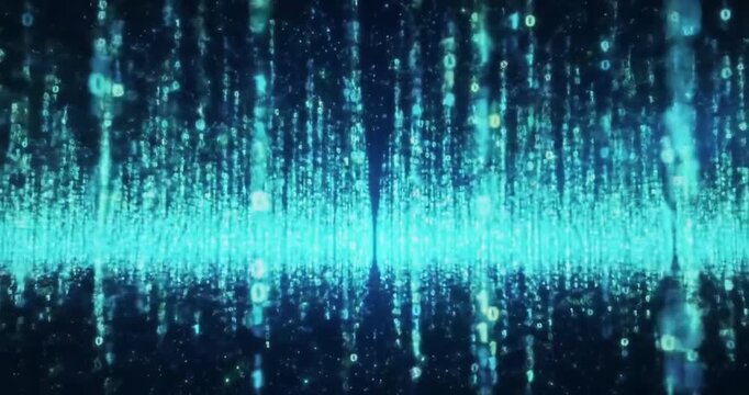 Digital binary code flowing in a futuristic space