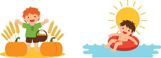 Happy kids enjoying summer and autumn seasons, boy swimming with sun and water, child harvesting pumpkins with wheat field background