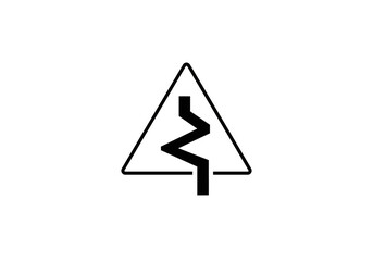 A black outline of a warning sign a triangle displaying a zigzagging line symbol within it likely indicating a winding road ahead