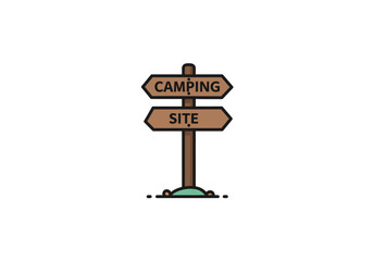 A camping signpost with CAMPING above SITE stands on green ground