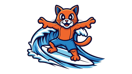 Cat Surfing the Wave: An orange cat, full of vibrant energy, surfs a cresting wave with infectious joy, his arms wide, embodying the thrill of aquatic adventure and a splash of fun.
