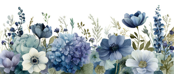 Elegant watercolor floral arrangement featuring blue and white blooms, creating a serene and