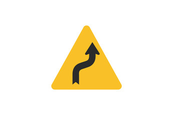 A yellow triangular road sign displays a black arrow suggesting an upcoming winding or curving road ahead