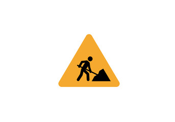 A yellow triangular sign with a black silhouette of a person digging with a shovel