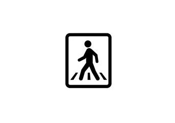 Black pedestrian crossing sign with a walking figure over zebra stripes within a black roundedcornered rectangle
