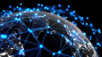 A stunning digital representation of the Earth interconnected by bright blue lines symbolizing global networking and communication, showcasing the relationship between technology a