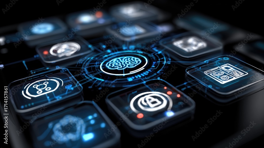 Poster a close-up of futuristic icons and digital interfaces representing artificial intelligence, blockcha