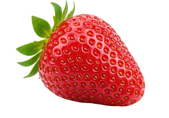 Isolated strawberry close up, ripe red fruit with green leaves, healthy sweet snack