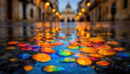 Colorful reflections in a puddle on a city street at twilight