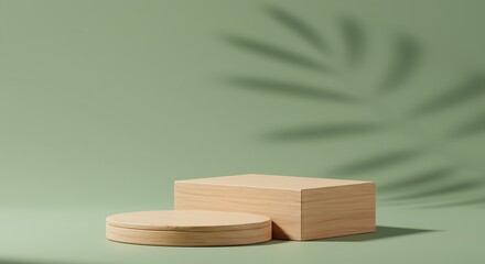 Minimalist wooden podiums with soft leaf shadow on sage green background