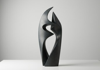 A smooth, abstract stone sculpture with sharp points and soft curves, creating a harmonious and elegant form in a dark, textured gray.