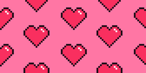 Pixel art seamless pattern. Retro 8-bit love heart icon on pink background. Romantic wallpaper, nostalgic backdrop for Valentine’s Day.