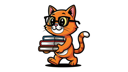 Smart Cat's Literary Pursuit: An intelligent cartoon cat, adorned with spectacles, carries a stack of knowledge-filled books, embodying a spirit of learning and academic curiosity. 