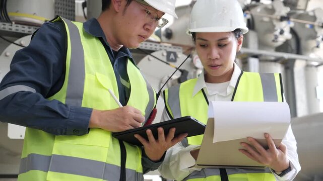 smart inspection, system maintenance, workplace safety, two engineers inspecting industrial machinery in power plant, wearing safety helmets and vests, using tablet and documents for teamwork