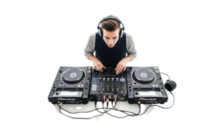 DJ with Mixer and Turntables transparent bg, cutout PNG